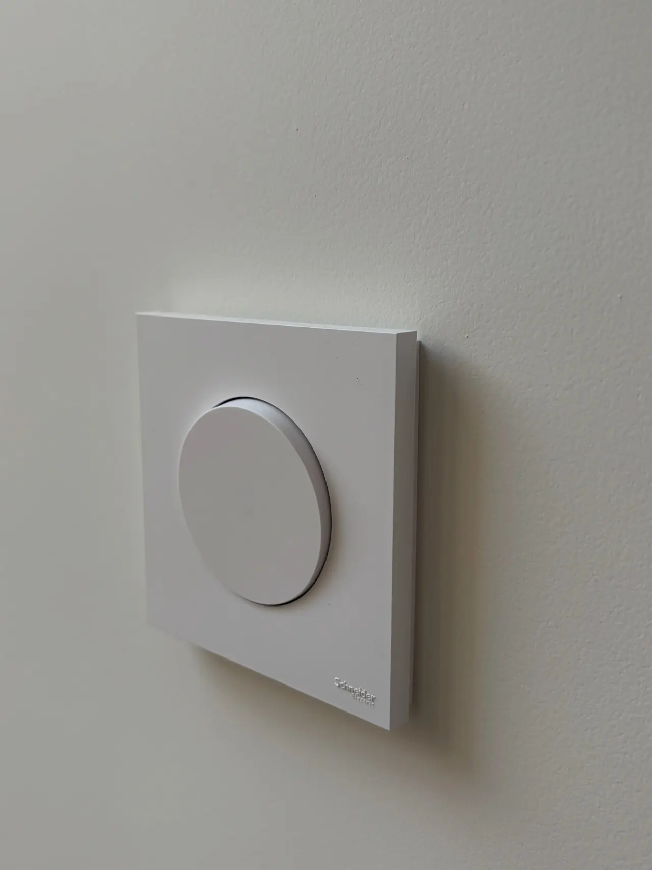 Weißer Schalter, gesetzt und ausgerichtet auf einer gestrichenen Wand in einer fertigen Wohnung